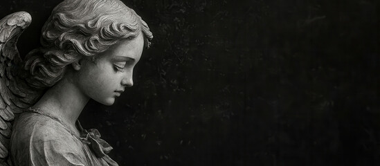 Mourning angel statue with black wings for cremation funeral services advertising on black background