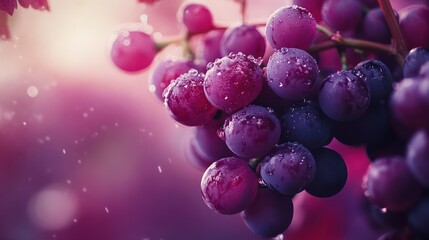 Ripe red grapes on vine, sunset vineyard