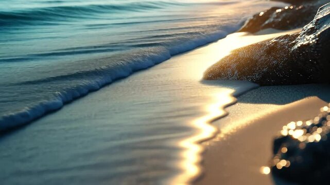 Serene beach scene with gentle waves lapping at rocky shore at sunset