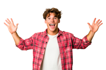 Cheerful young man expressing happiness with raised hands