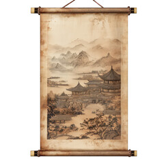 Ancient Chinese silk scroll, detailed painting, isolated on transparent background
