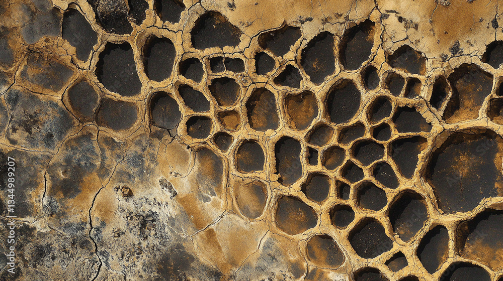 Poster aerial view of unique geological formations resembling honeycomb patterns on a rocky surface