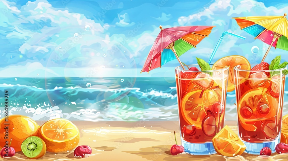 Poster cocktails with fruits and colorful umbrellas on a sunny beach perfect for summer relaxation and fun 