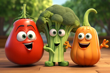 Three cartoon vegetables are smiling and posing for picture. The vegetables are a tomato, a broccoli, and a pumpkin. Fun kids menu template recipe puzzle cover
