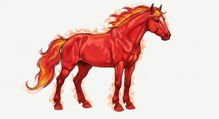 Fiery red horse illustration with flame mane and tail