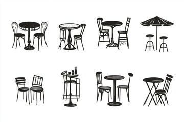Various Cafe Table and Chair Setups Illustrated in Black Ink -