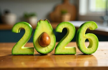 Avocado forming the number 2026 on wooden table