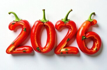 Sliced Red Peppers Forming Number 2026 on White Background