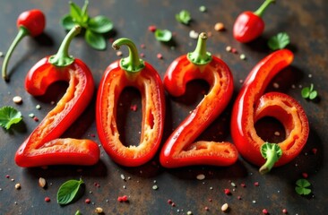Red bell peppers forming 2026 new year date on dark background