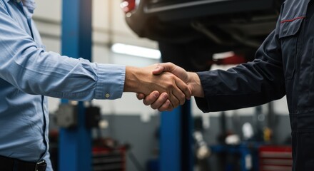Mechanic and client shaking hands in an auto repair shop setting
