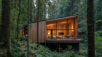 Modern forest cabin with wooden exterior and large windows surrounded by lush greenery and tall trees in a serene natural environment