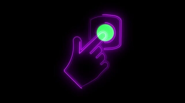 Neon hand Touch and Active  Neon Sign of Interaction in a Digital World on black background. 