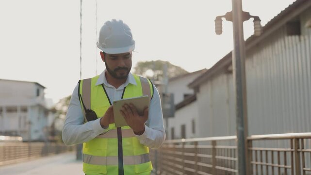 Portrait of inspector with tablet computer checking buildings and workshops
