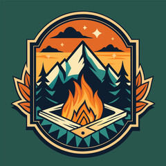 Obraz premium Vintage Campfire Adventure: Friends Gathering Around a Cozy Bonfire in a Majestic Mountain Setting