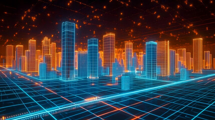 Obraz premium Digital Cityscape with Blue and Orange Building Outlines