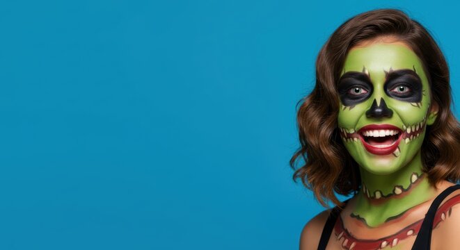 Smiling woman with green skeleton face paint on blue background celebrating halloween