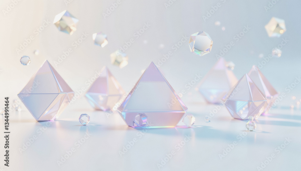 Poster floating crystal prisms cast shimmering reflections against a soft, white surface. graphical resourc
