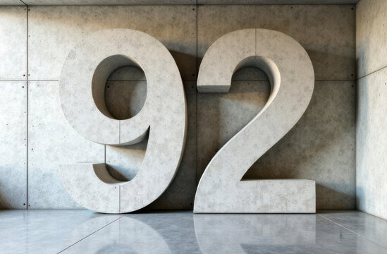 Number ninety two made of concrete standing in a concrete room