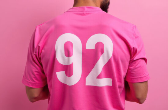 Sportsman wearing pink t shirt with number ninety two on pink background