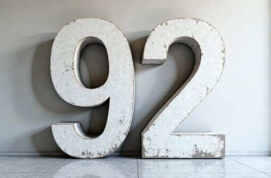 Number ninety two made of concrete standing on marble floor