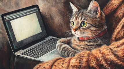 Playful colored pencil drawing of a cat sitting next to its owner, curiously watching an online class on the laptop. Cozy illustration