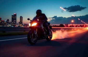 Motorcyclist speeding at sunset on a highway near the city