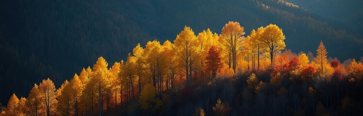 Fototapeta premium Sunlit trees on mountain top near Mt Nebo, Utah. Golden, orange vibrant foliage, autumn fall colors. Sunlight illuminates timberland wilderness landscape, colorful vibrant natural scenery. Panoramic