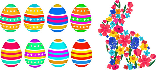 isolated easter vector elements floral bunny and colorful eggs. spring holiday illustration with flowers and painted eggs on white background