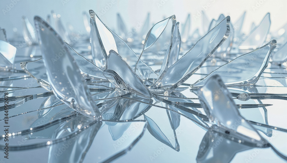 Poster translucent, crystalline structures resembling stylized wings radiate outwards from a reflective sur