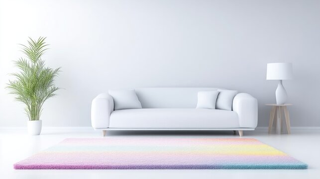 Modern minimalist living room with a colorful rug