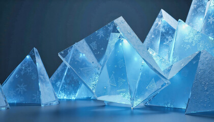 Translucent, crystalline structures resembling ice formations sparkle with internal details against a dark, moody background. Graphical resource for design and downstream advertisement purposes