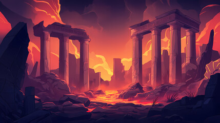 Ancient ruins, lava flow, volcanic landscape, dramatic lighting, dark background. Ancient Volcanic. Illustration