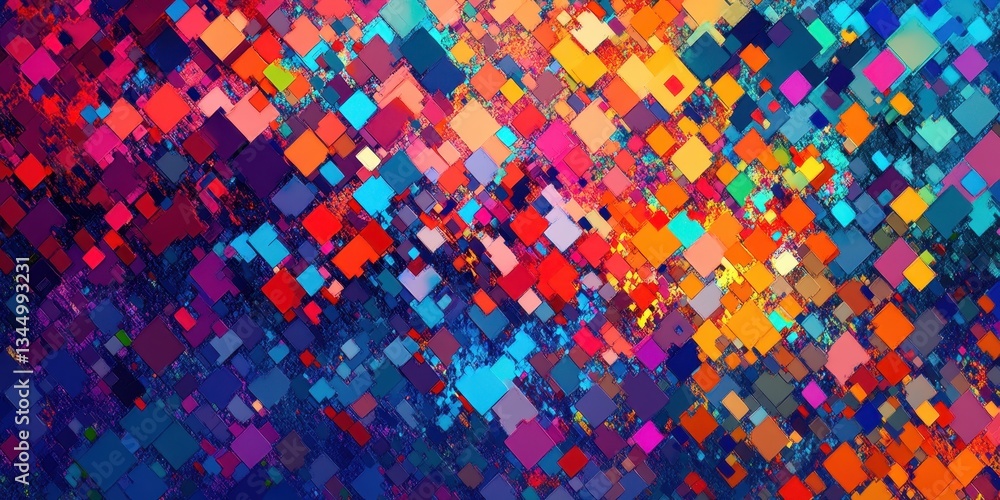 Poster abstract pixelated art: a dynamic composition of vibrant pixel squares in an explosion of colors, fr