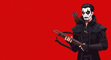 Gothic archer with crossbow and face paint against bold red background