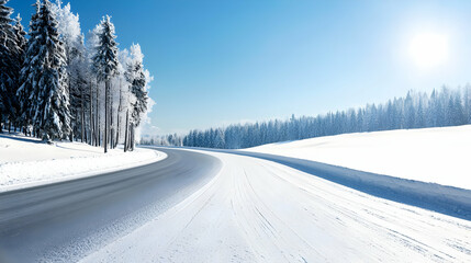 Fototapeta premium Snow Covered Road Leading Through Winter Landscape with Sun Shining Brightly Trees on Both Sides