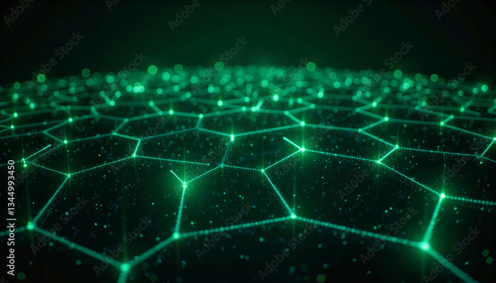 Poster glowing green nodes and interconnected lines form a futuristic network against a dark background. gr