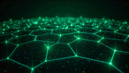 Glowing green nodes and interconnected lines form a futuristic network against a dark background. Graphical resource for design and downstream advertisement purposes