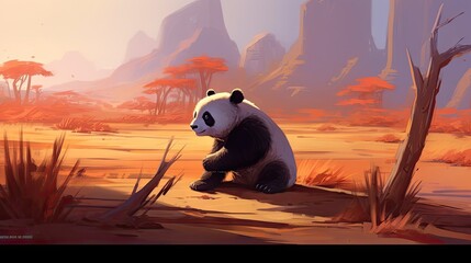 Panda sits in a desert landscape at sunrise
