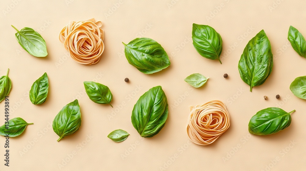 Poster a table showing various types of pasta topped with green leafy toppings stacked on top of each other