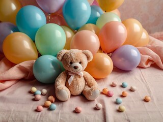 Teddy bear with pastel balloons and candies.