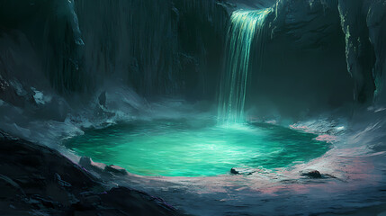 Naklejka premium Emerald pool nestled within ancient volcanic landscape, nature scenes, waterfall, laser beam effects. volcanic glow. illustration. Ancient Volcanic. Illustration