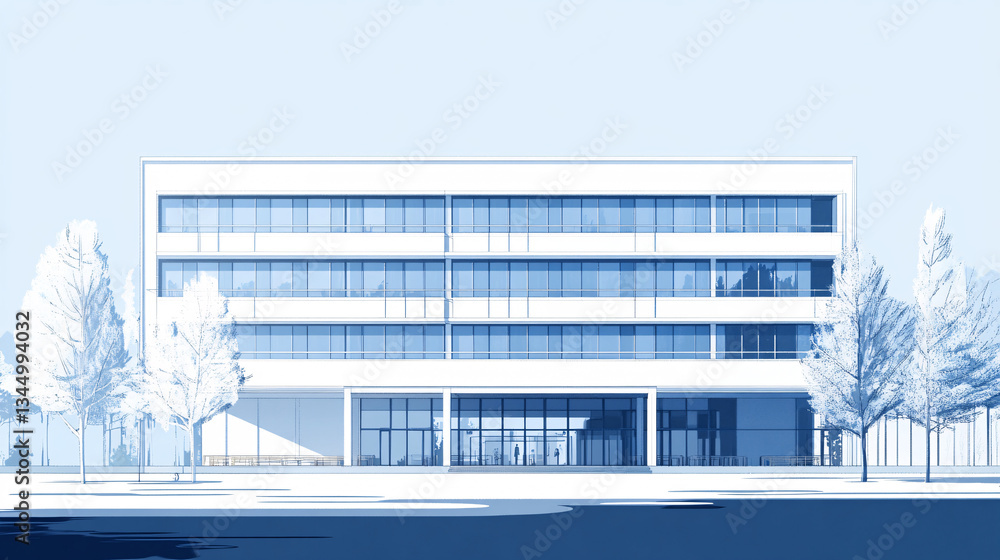 Poster a large modern white building with a clean minimalist design featuring large windows and surrounded 