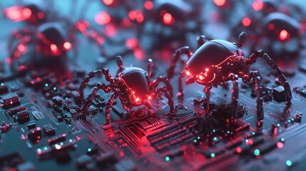 Robotic spiders invade circuit board; digital attack background
