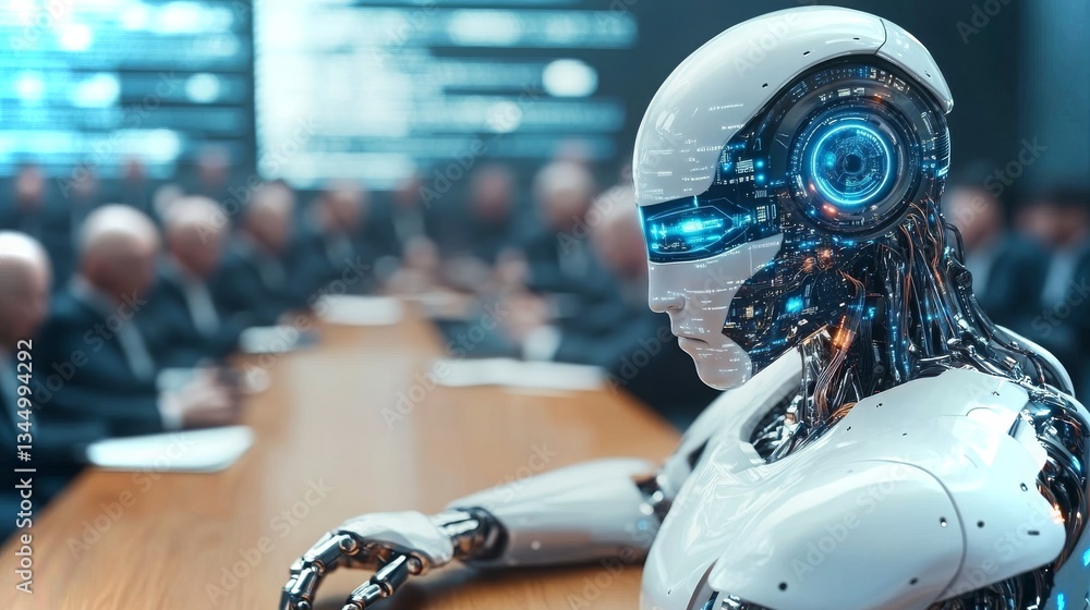 Poster robot discusses artificial intelligence advancements in a corporate boardroom setting