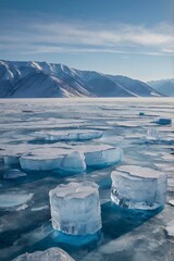 Frozen lake with cracked ice formations and mountains.