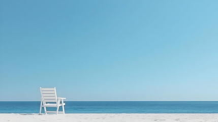 White Beach Chair Stands On Sandy Shoreline Facing Blue Ocean Under Clear Sky