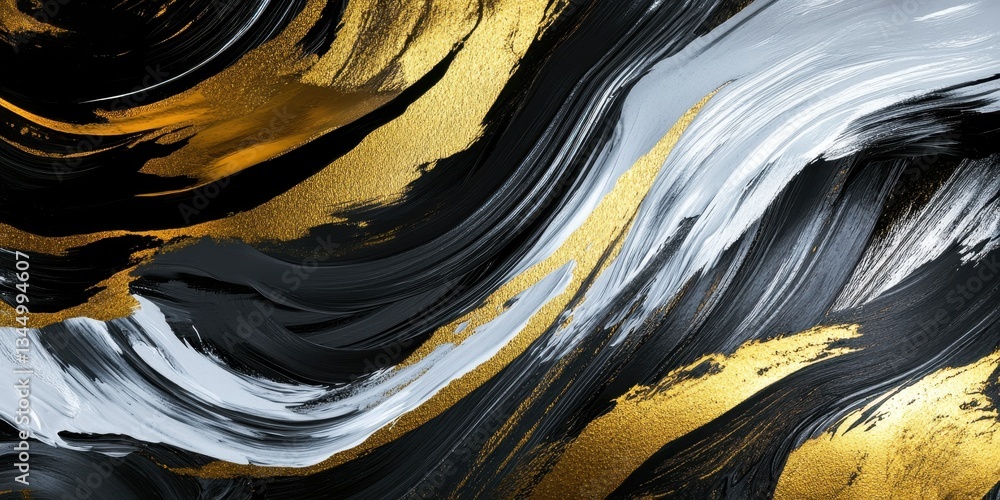 Poster luxurious fluid abstract: captivating abstract design, dynamic swirls of gold, black and silver inte