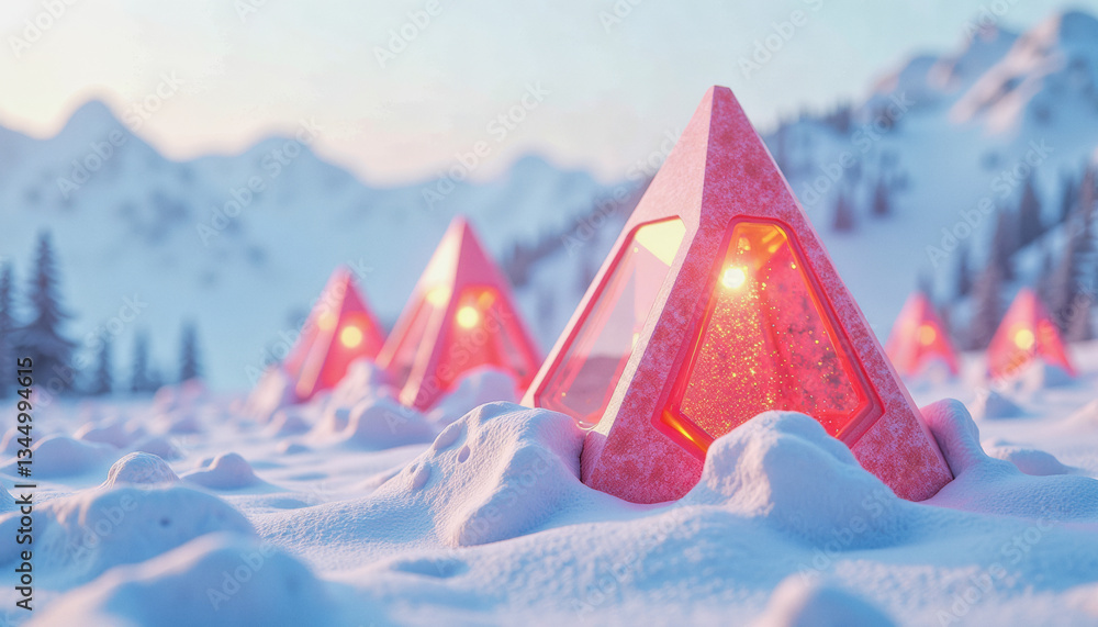 Poster glowingly illuminated, geometric structures stand sentinel in a snow-covered landscape against a bac