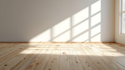 Empty Room with Wooden Floor and Shadow from Window Light Casting on White Wall