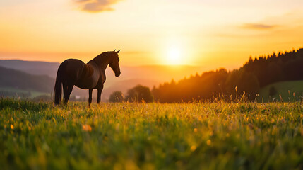 Dark Horse Silhouette At Sunset Meadow Landscape